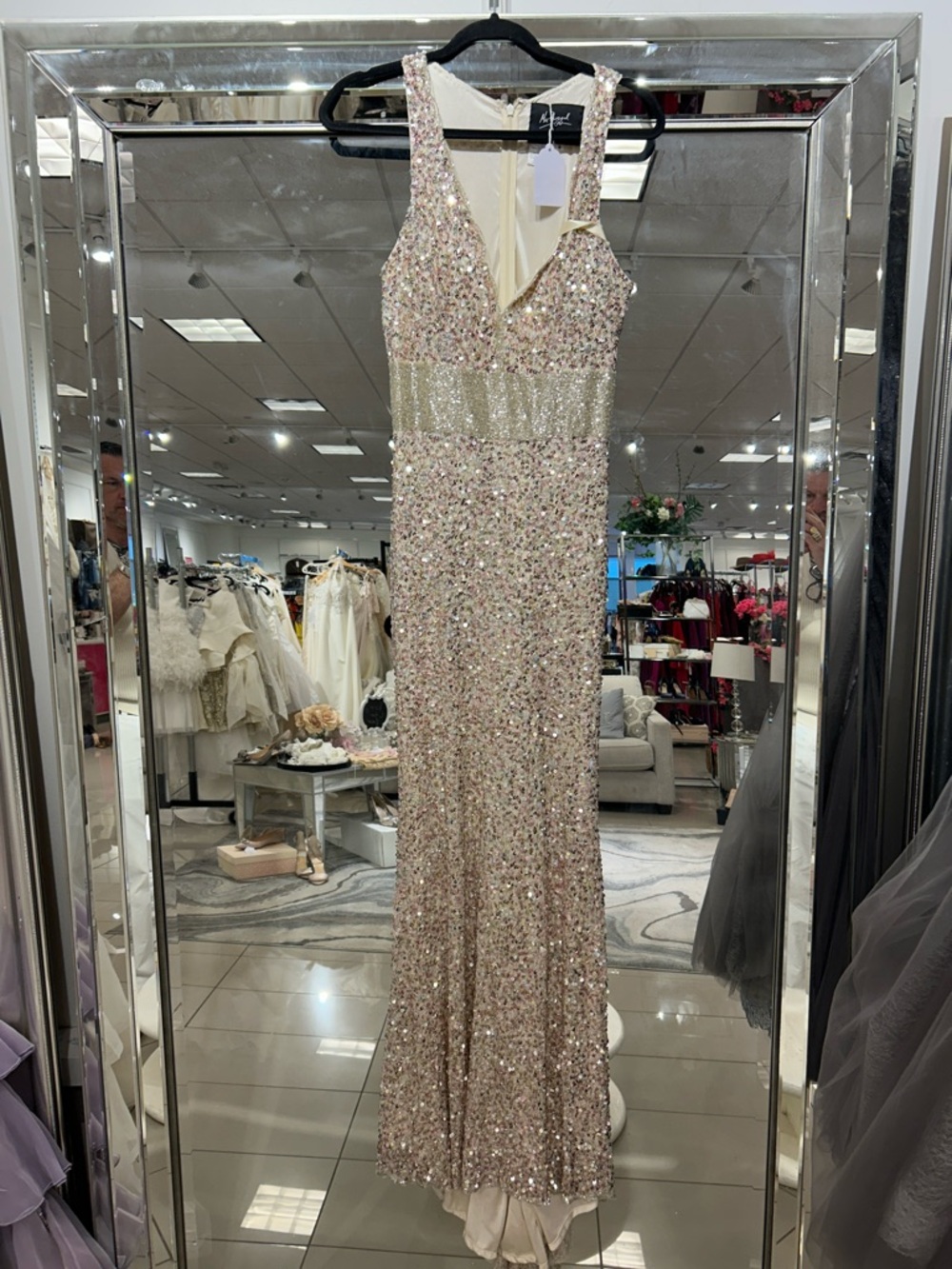 MAC DUGGAL Sequin Beaded Evening Gown in Blush Gold